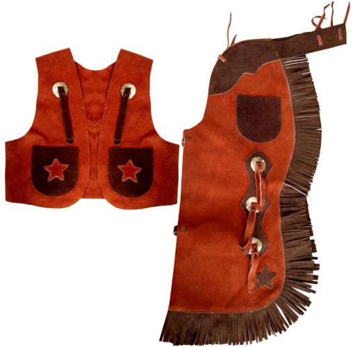 Showman Two Toned Brown kid's size suede leather chap and vest outfit with fringe